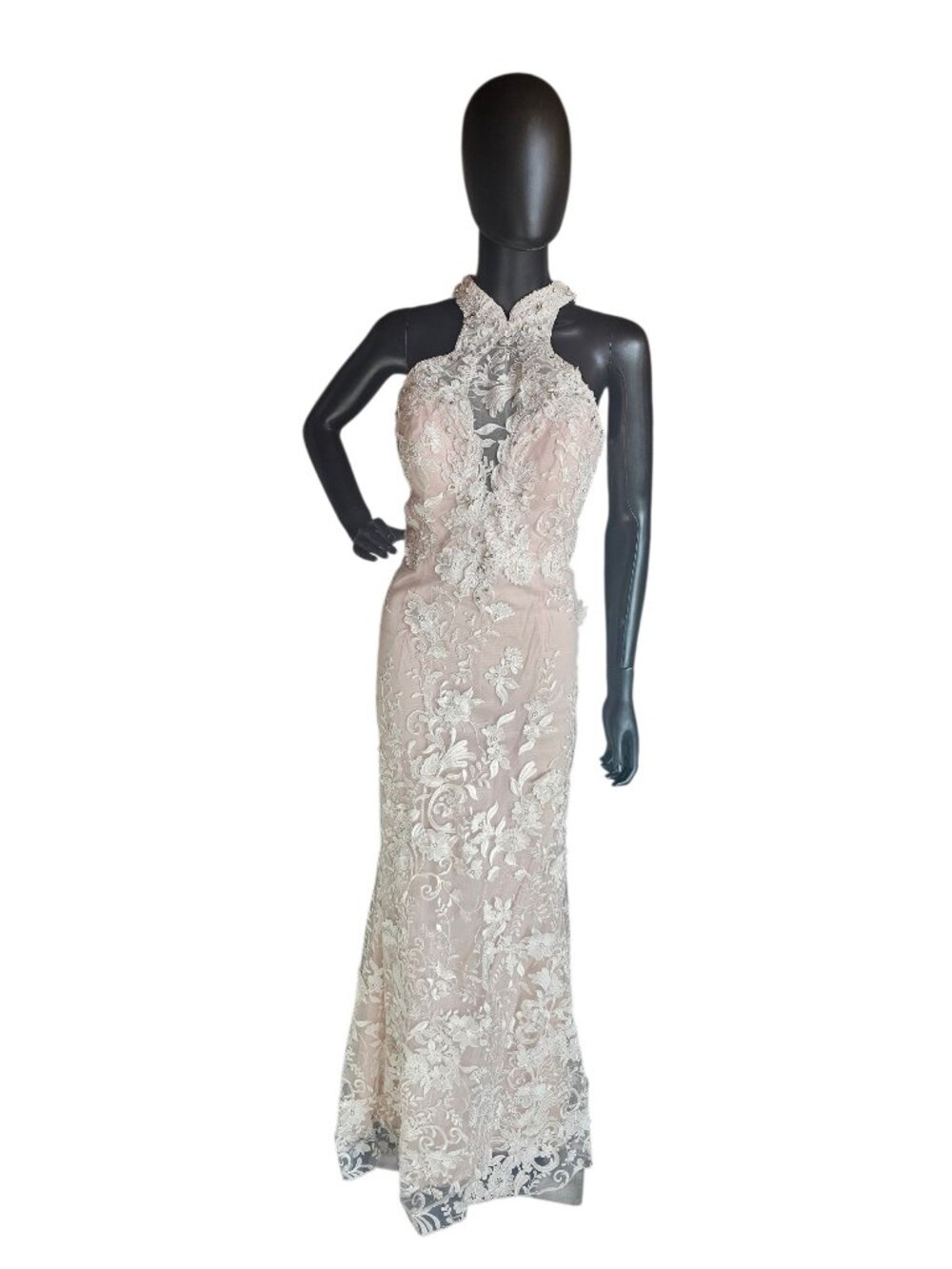 Rose/Ivory Lace Halter Fit/Flare Prom/Party Formal Dress - Mori Lee